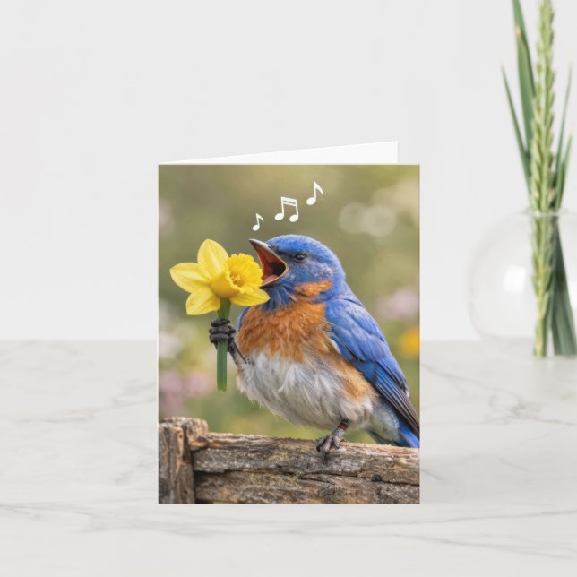 Note Card Bluebird Singing with a Yellow Daffodil Kort (Framsida)