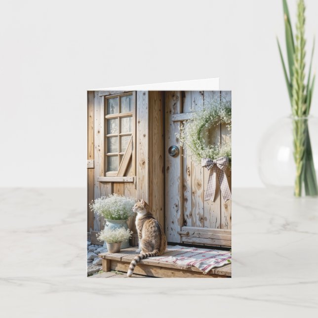 Note Card Farmhouse Cat With Baby's Breath Wreath Kort (Framsida)