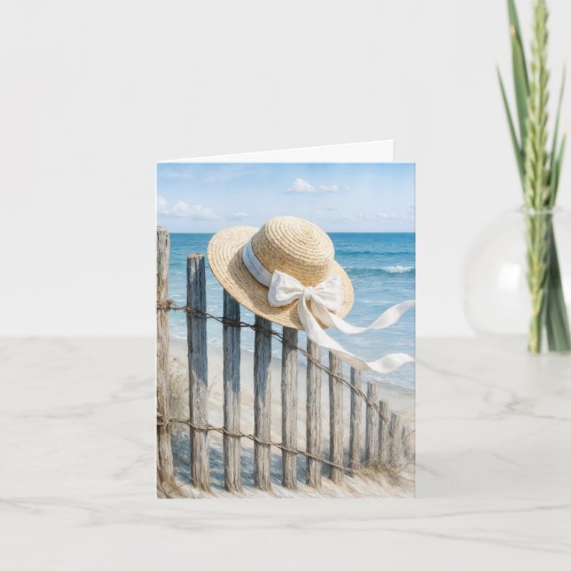 Note Card Summer Hat On a Beach Fence Kort (Framsida)