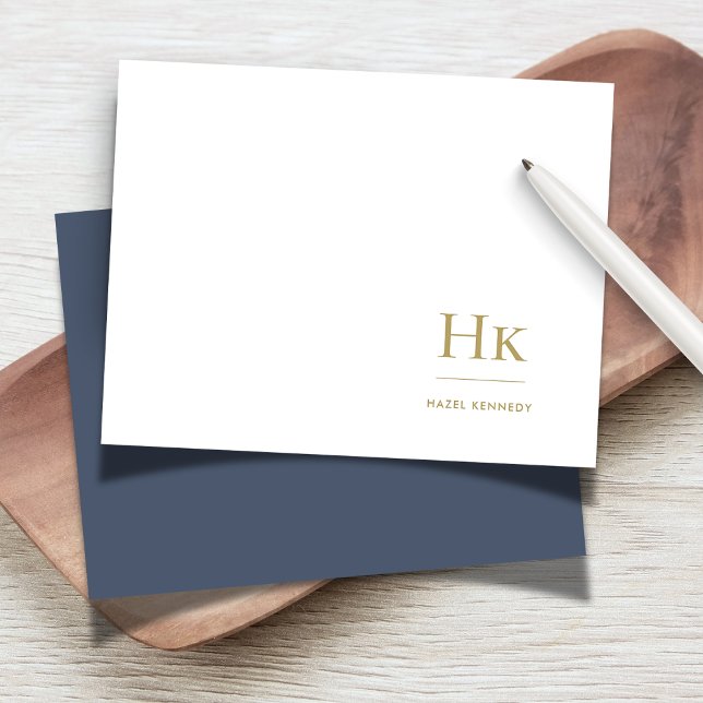 Notecard Social vid Monogram Navy Blue Guld Elegan Anteckningskort (Skapare uppladdad)