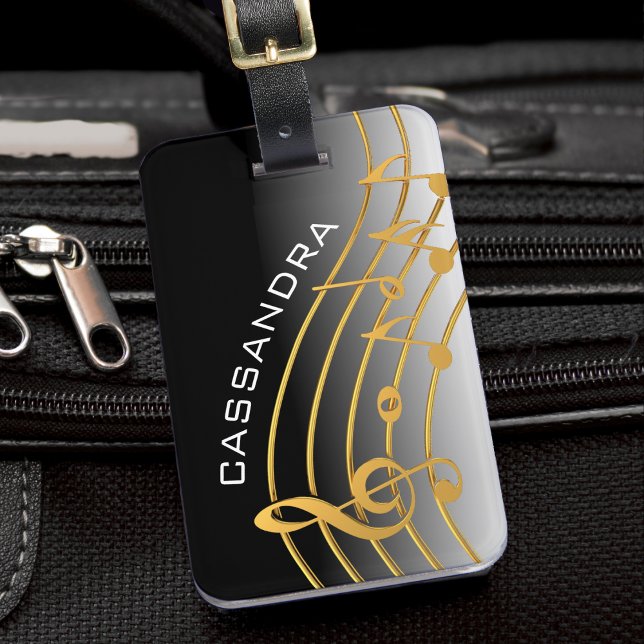  notering för Black & Guld Music Bagagebricka (black and white ombre luggage tag with gold music staff)