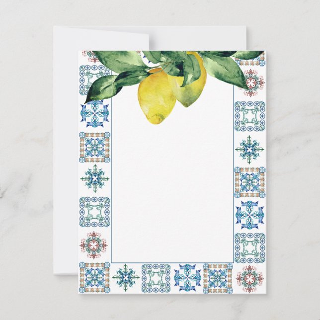 Noteringskort citroner med blå Amalfi Tile Mönster Tack Kort (Framsida)