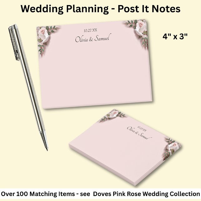 Notes Pink Roses & Doves Wedding Post-it Block (Skapare uppladdad)