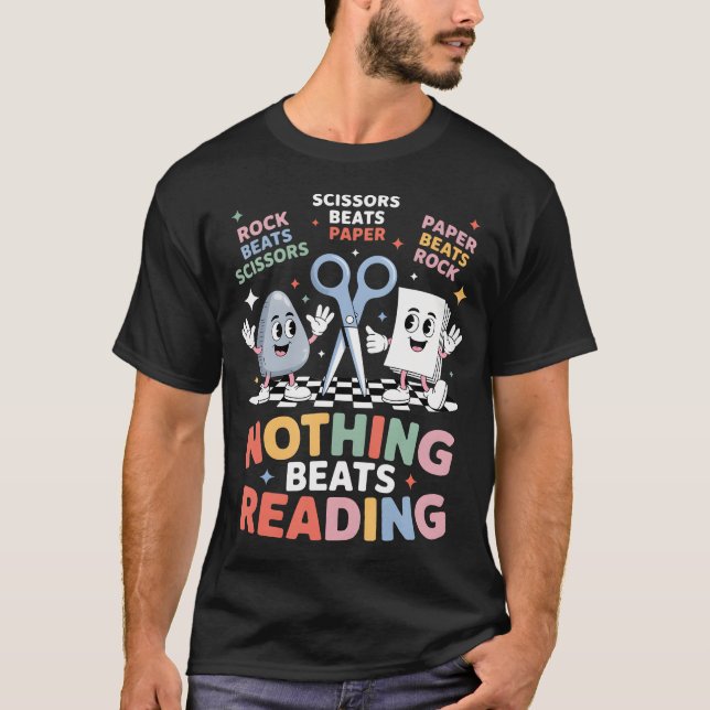Nothing Beats Reading Teacher Librarian Rock Paper T Shirt (Framsida)