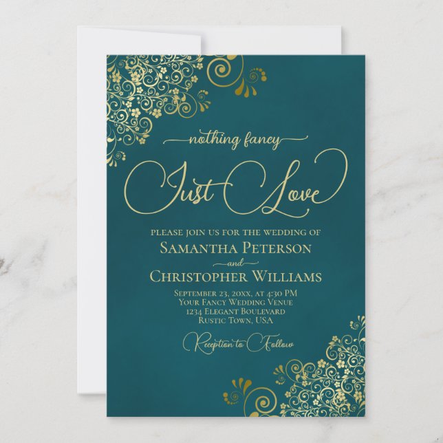 Nothing Fancy Just Love Deep Teal & Gold Wedding Inbjudningar (Framsida)