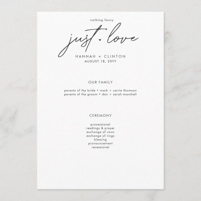 Nothing Fancy Just Love Minimalist Wedding Program (Framsida)
