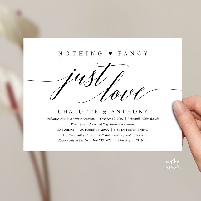 Nothing Fancy, Just Love, Modern Classy Reception Inbjudningar (Modern Classy Nothing Fancy, Just Love, Wedding Reception Dinner Invitation Card in Black and White)