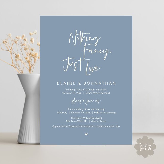Nothing Fancy Just Love Modern Minimalist Casual Inbjudningar (Nothing Fancy Just Love Modern Minimalist Casual Wedding Dinner Invitation Card in Dusty Blue)
