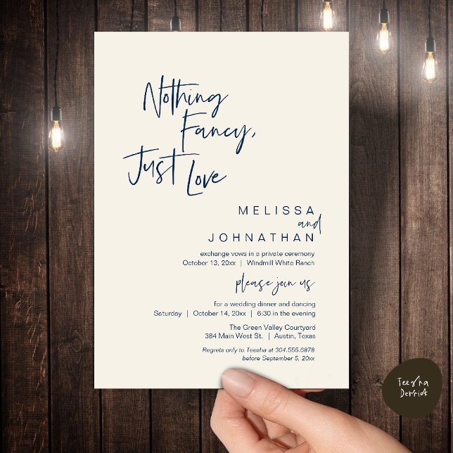 Nothing Fancy Just Love, Modern Wedding Dinner Inbjudningar (Nothing Fancy Just Love, Modern Wedding Reception Dinner Lunch Brunch Invites Card Navy Blue Ivory)
