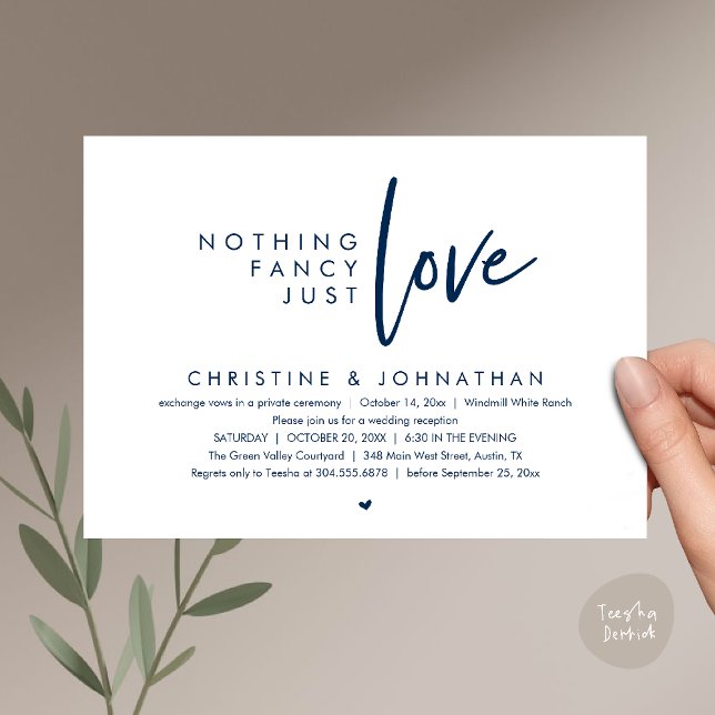 Nothing Fancy, Just Love, Modern Wedding Reception Inbjudningar (Nothing Fancy, Just Love, Modern Wedding Reception Dinner Lunch Brunch Invitation Card in Navy Blue)