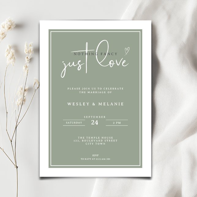 Nothing Fancy Just Love Sage Green Elegant Wedding Inbjudningar (Nothing fancy just love minimalist wedding invitation in sage green color)