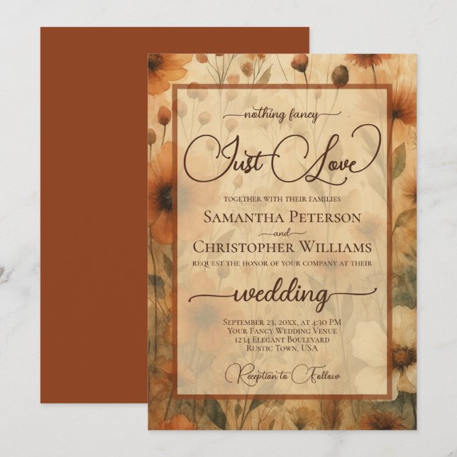 Nothing Fancy Just Love Sienna Boho Floral Wedding Inbjudningar (Fram/baksida)