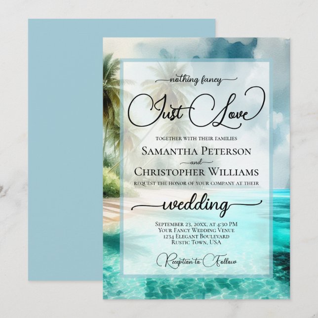 Nothing Fancy Just Love Tropical Beach Wedding Inbjudningar (Fram/baksida)