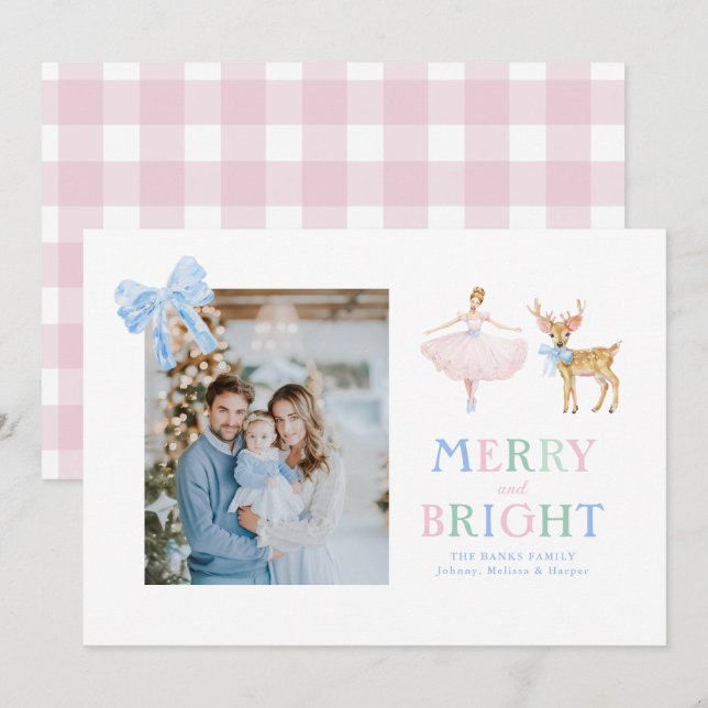 Nötknäppardansös renbågar gingham julkort (Fram/baksida)