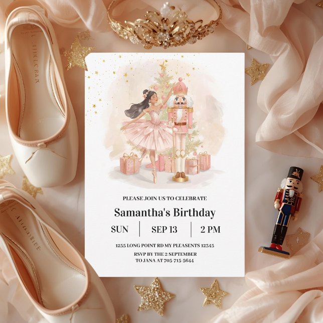 Nötknäppare Ballerina Födelsedag | Rosa & Guld Inbjudningar (Skapare uppladdad)
