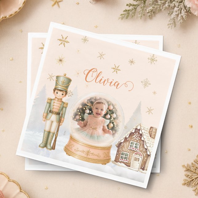 Nötknäppare Foto Snöglob Söt En Jul Pappersservett (Nutcracker Photo Snow Globe Sweet One Christmas Paper Napkins)