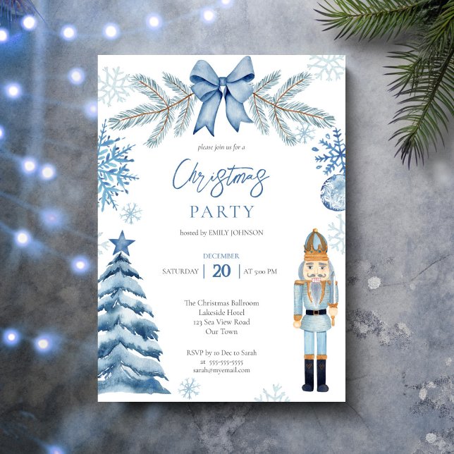 Nötknäppare silverblå slinga julfest inbjudningar (Nutcracker silver blue bow snowflakes whimsical Christmas Party Invitation card template)