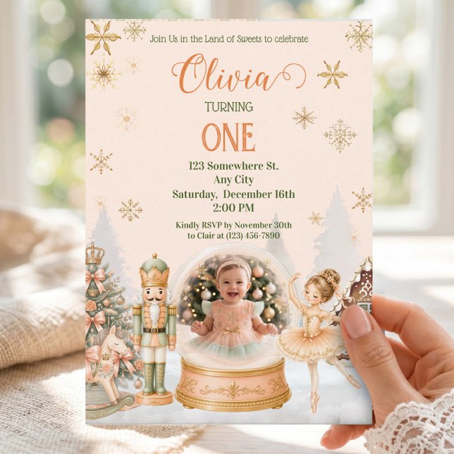 Nötknäppare Sockerplommon Persika Mint Foto Snöglo Inbjudningar (Nutcracker Ballerina Photo Snow Globe Sweet One Invitation)