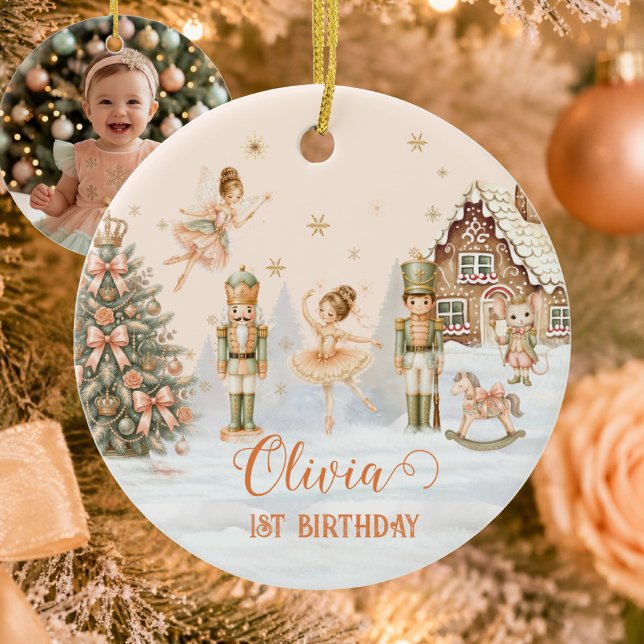 Nötknäppare Sugar Plum 1-årsfirande minnessaker Julgransprydnad Keramik (Nutcracker Sugar Plum 1st Birthday Keepsake Ceramic Ornament - Front)