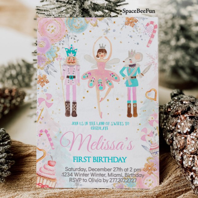 Nötknäpparens födelsedagsinbjudan flicka Landet av Inbjudningar (Nutcracker Birthday Invitation Girl Land of Sweets Invite Winter Sugar Plum Fairy Magical day)