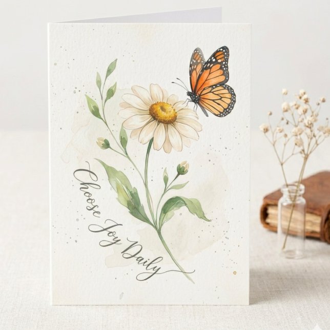 Notkort för daglig uppmuntran tack kort (Watercolor daisy and monarch butterfly card for a friend’s birthday or a sweet hello.)
