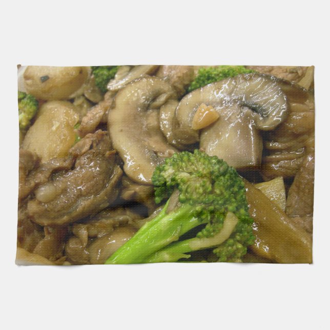 Nötkött, broccoli och champinjonstam kökshandduk (Horisontell)