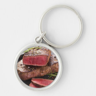 Nötköttsteak Rund Silverfärgad Nyckelring