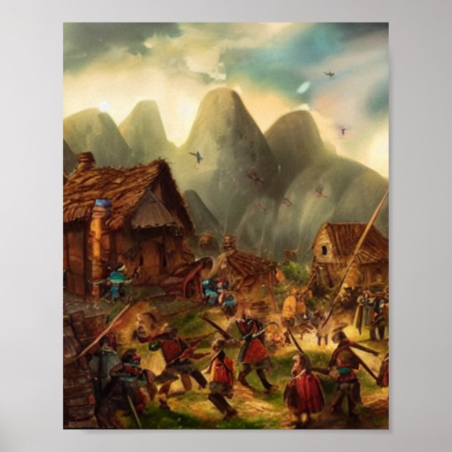Nötkreatur i Village Digital Art Poster (Framsidan)