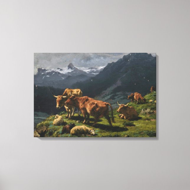 Nötkreatur och får i Alperna Canvastryck (Framsida)