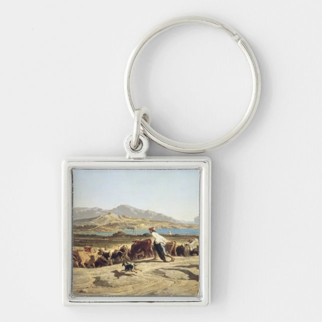 Nötkreatur som samlas nära Marseilles, 1853 (olja Fyrkantig Silverfärgad Nyckelring (Framsidan)