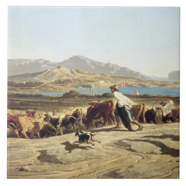 Nötkreatur som samlas nära Marseilles, 1853 (olja Kakelplatta (Framsidan)