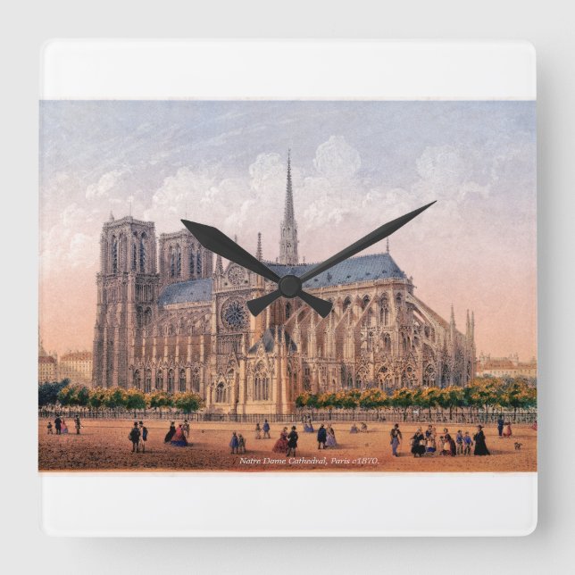 Notre Dame Cathedral 1870 print, Paris Frankrike Fyrkantig Klocka (Framsida)