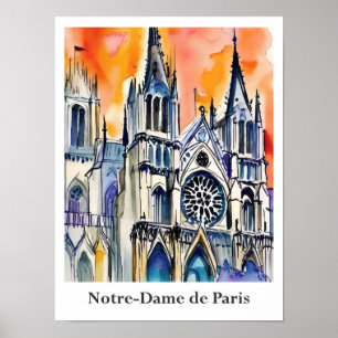 Notre-Dame de Paris Frankrike Watercolor Travel Poster
