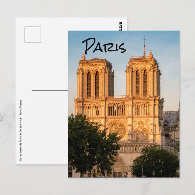 Notre Dame de Paris under gyllene timmen - Paris,  Vykort (Fram/baksida)