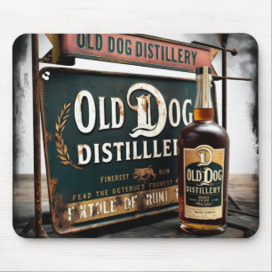 Nött skylt som annonserar OLD DOG RUM Musmatta
