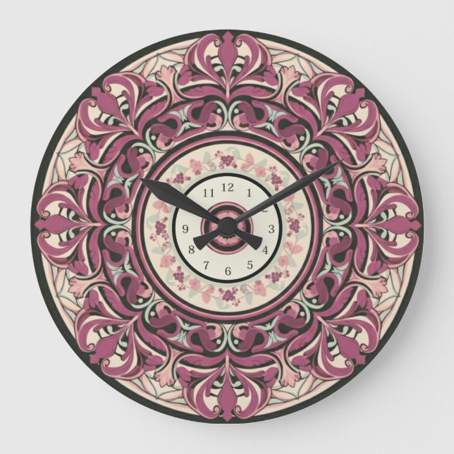 Nouveau Blommigt Mandala Wall Clock Stor Klocka (Framsida)