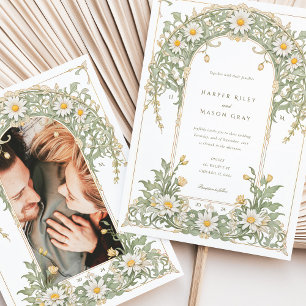 Nouveau Daisys Photo Bröllop Ivory Grönt Inbjudningar