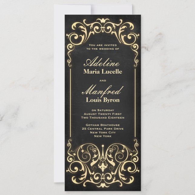 Nouveau Victorian: Black & Guld Bröllop Inbjudningar (Framsida)