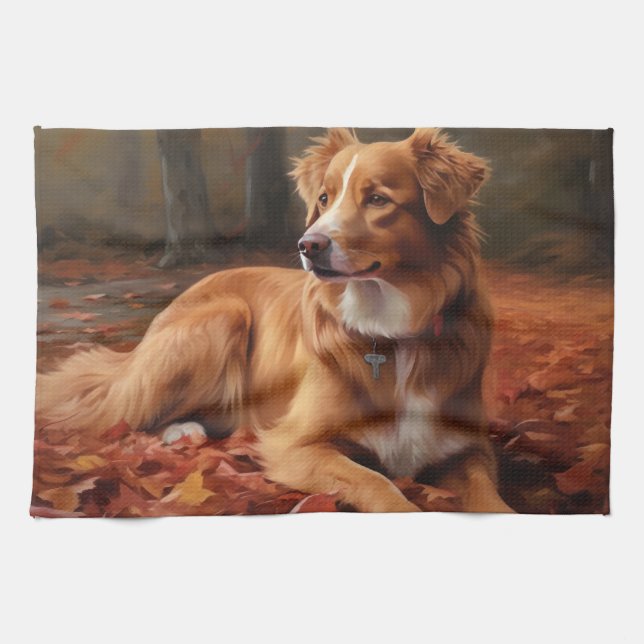 Nova Scotia Anka Terrier i Höst löv Fall Kökshandduk (Horisontell)