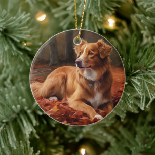 Nova Scotia Duck Terrier i höstlöv faller Julgransprydnad Keramik