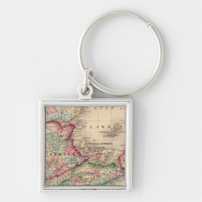 Nova Scotia, New Brunswick, Karta av Mitchell Fyrkantig Silverfärgad Nyckelring (Framsidan)