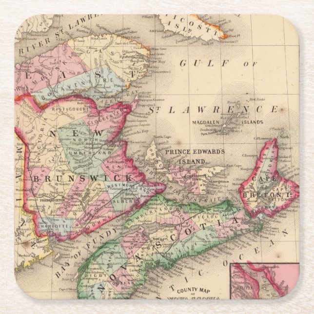 Nova Scotia New Brunswick, karta av Mitchell Underlägg Papper Kvadrat (Framsidan)