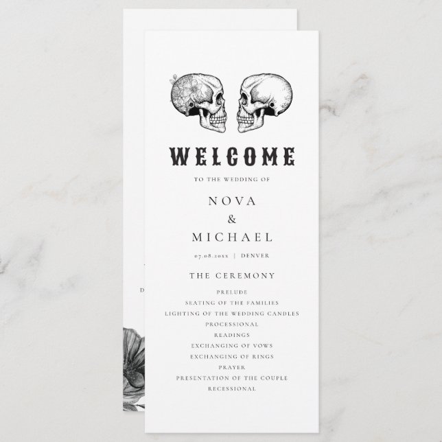 NOVA Til Död Gothic Skull-Bröllopsprogram Card Inbjudningar (Fram/baksida)