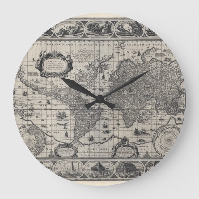 Nova totius terarum, 1606 Antique World Map Stor Klocka (Framsida)