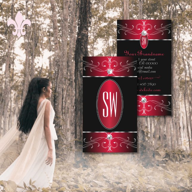 Novelty Black Red Ornate Ornaments Jewels Monogram Visitkort (Skapare uppladdad)