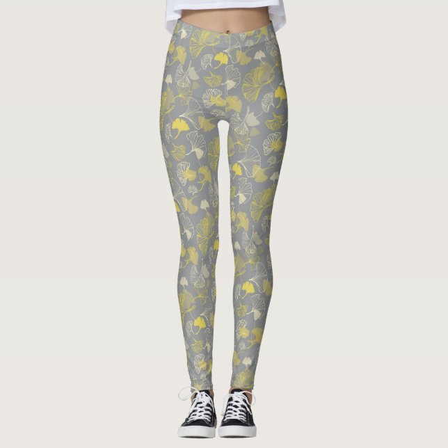 Novelty Ginkgo Grått och Gult Mönster Leggings (Framsida)