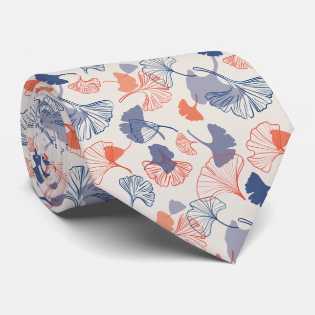 Novelty Ginkgo Navy Blue och Orange Mönster Slips (Rullad)