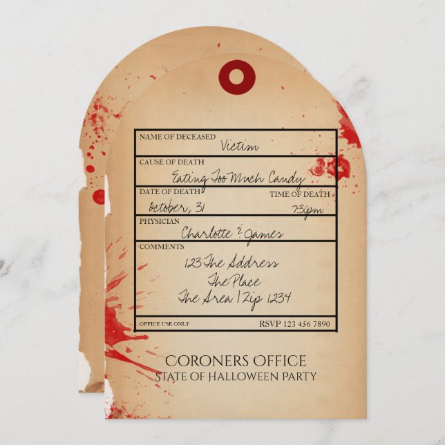 Novelty Halloween fest Toe Märkre Coroners Office Inbjudningar (Fram/baksida)