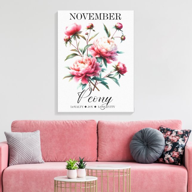 November Birth Flower Peony Premium Wrapped Canvas (Insitu (Vardagsrum))