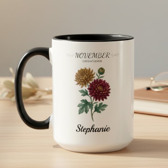 November Födelsedagspresent Födelsblomma Botanisk Mugg (November birth month flower chrysanthemum birthday coffee mug)